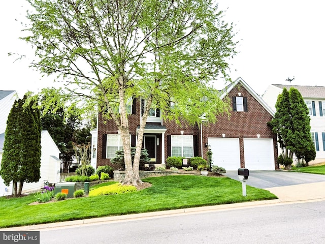 view of front of house featuring concrete driveway, brick siding, a front lawn, and a garage
