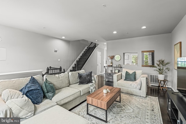 7250 Calm Sunset, Columbia, MD 21046 - living room featuring recessed lighting, wood finished floors, and stairs