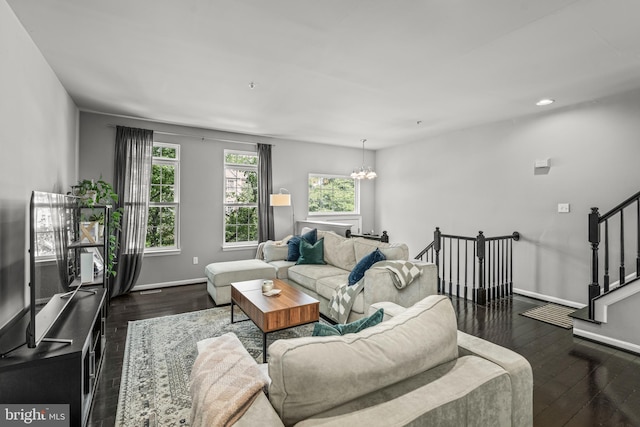 7250 Calm Sunset, Columbia, MD 21046 - living room featuring dark wood-style floors, baseboards, stairway, a chandelier, and recessed lighting