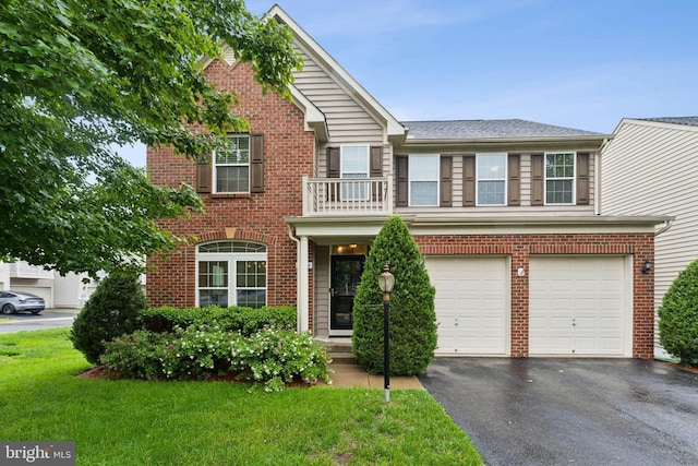 12752 Effie Rose Pl, Woodbridge, VA 22192 - view of front of property featuring brick siding, driveway, an attached garage, a front lawn, and a balcony