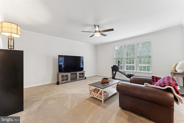 12752 Effie Rose Pl, Woodbridge, VA 22192 - carpeted living room featuring a ceiling fan, ornamental molding, and baseboards