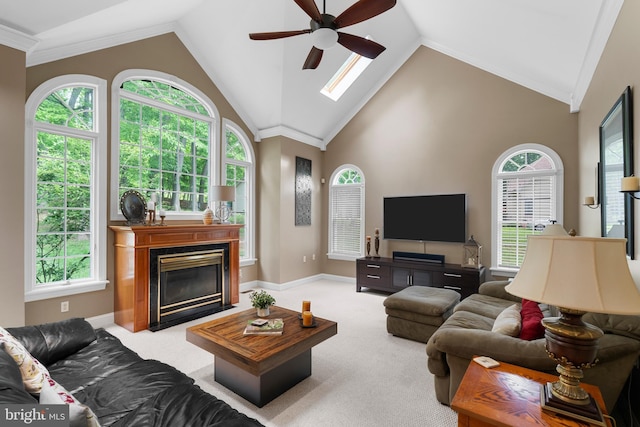 1597 Woodfield Dr, Bethlehem, PA 18015 - living area featuring a ceiling fan, baseboards, carpet floors, a high end fireplace, and crown molding