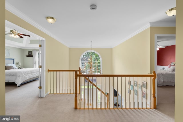 1597 Woodfield Dr, Bethlehem, PA 18015 - hall with carpet flooring, crown molding, baseboards, a chandelier, and an upstairs landing