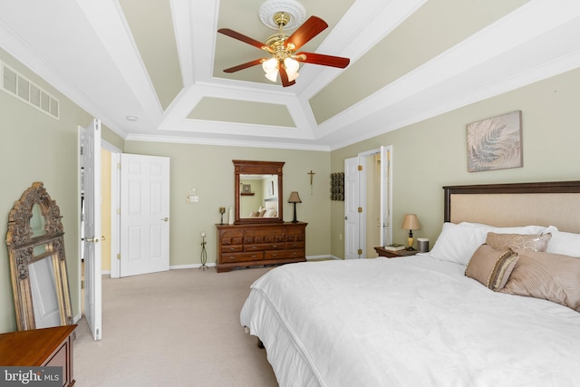 1597 Woodfield Dr, Bethlehem, PA 18015 - bedroom featuring light carpet, a raised ceiling, crown molding, ceiling fan, and baseboards