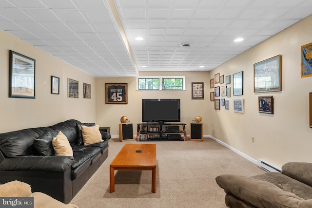 1597 Woodfield Dr, Bethlehem, PA 18015 - carpeted living room featuring baseboard heating, baseboards, and recessed lighting