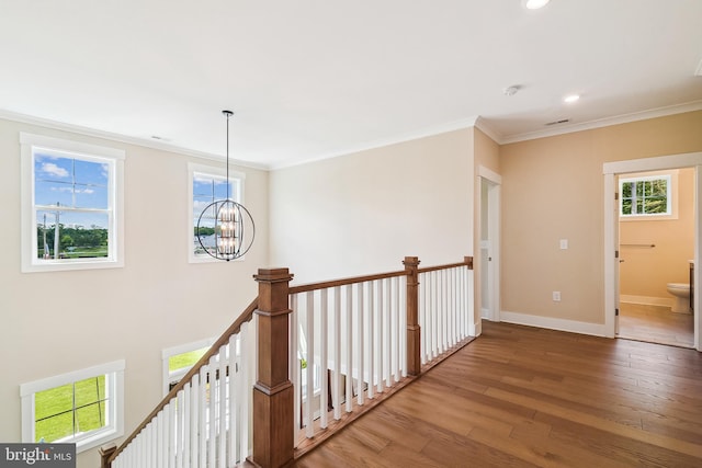 24153 Heartleaf Rd, Frankford, DE 19945 - corridor with an upstairs landing, plenty of natural light, hardwood / wood-style flooring, ornamental molding, and recessed lighting