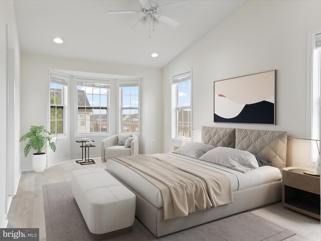 43167 Loudoun Reserve Dr, Ashburn, VA 20148 - bedroom featuring light wood-type flooring, recessed lighting, lofted ceiling, and ceiling fan