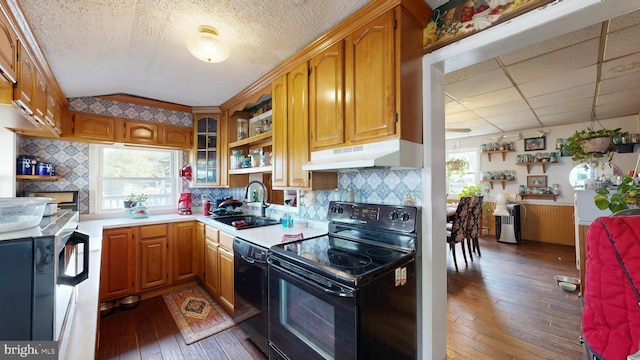 5403 Willow Grove Rd, Camden Wyoming, DE 19934 - kitchen with black appliances, under cabinet range hood, a sink, light countertops, and hardwood / wood-style floors