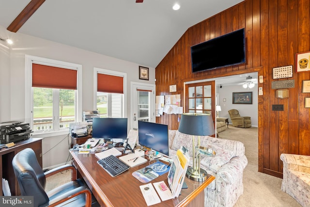 1419 Ramseur Ln, Winchester, VA 22601 - office area with french doors, wooden walls, carpet floors, a ceiling fan, and high vaulted ceiling