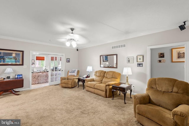1419 Ramseur Ln, Winchester, VA 22601 - living room with a ceiling fan, carpet flooring, ornamental molding, baseboards, and french doors