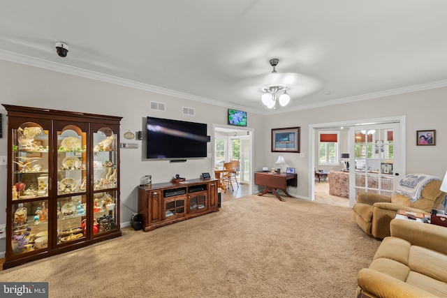 1419 Ramseur Ln, Winchester, VA 22601 - living room featuring crown molding, carpet, french doors, and baseboards