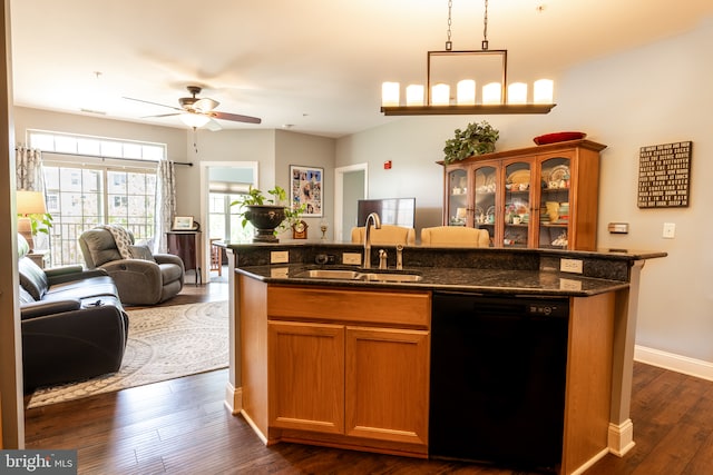 1000 Fountainview Cir Unit 304, Newark, DE 19713 - kitchen featuring black dishwasher, a sink, a ceiling fan, dark wood-style flooring, and open floor plan