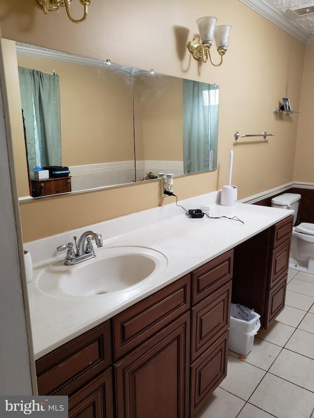 4010 Conowingo Rd, Darlington, MD 21034 - bathroom featuring vanity, toilet, tile patterned floors, ornamental molding, and a chandelier