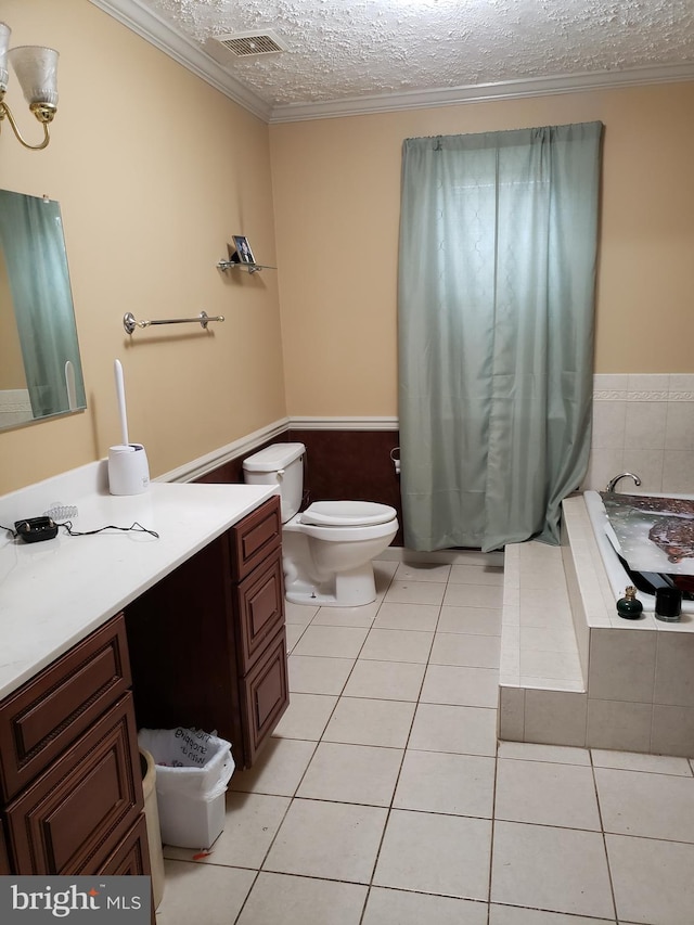 4010 Conowingo Rd, Darlington, MD 21034 - full bath with vanity, tiled tub, toilet, tile patterned floors, and ornamental molding