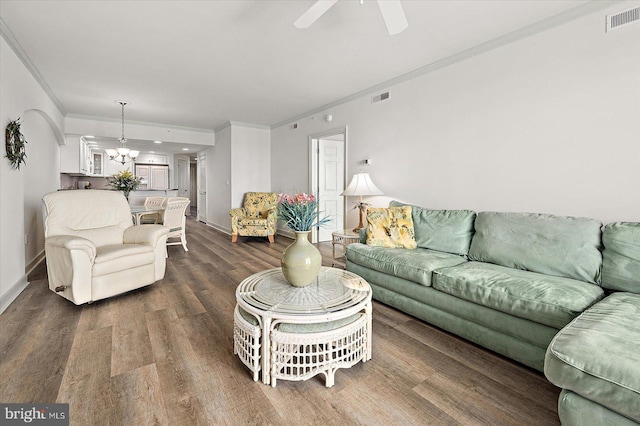 5901 Atlantic Ave Unit 411, Ocean City, MD 21842 - living area featuring a chandelier, dark wood-style floors, crown molding, baseboards, and ceiling fan