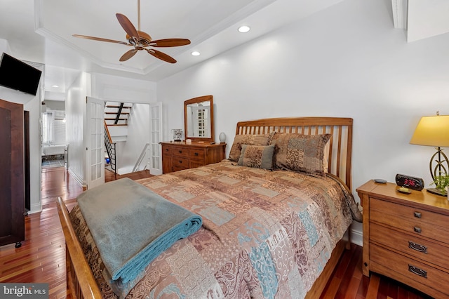 3310 Hudson St, Baltimore, MD 21224 - bedroom with hardwood / wood-style flooring, recessed lighting, a raised ceiling, baseboards, and ceiling fan