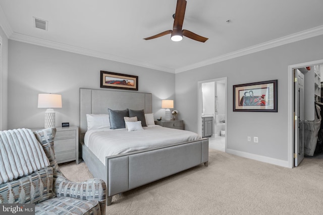 8820 Shining Oceans Way Unit 407, Columbia, MD 21045 - bedroom with crown molding, light carpet, a spacious closet, ensuite bath, and ceiling fan