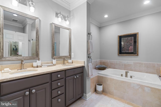 8820 Shining Oceans Way Unit 407, Columbia, MD 21045 - full bath with double vanity, a bath, tile patterned floors, recessed lighting, and ornamental molding