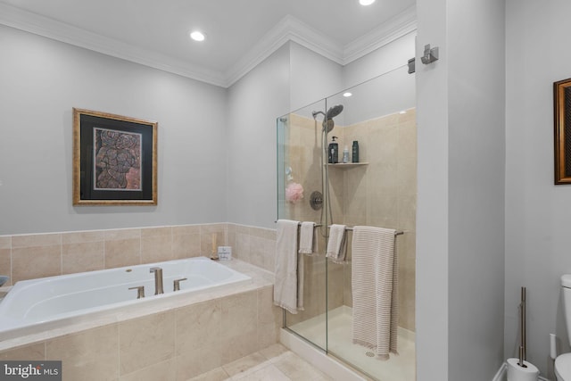 8820 Shining Oceans Way Unit 407, Columbia, MD 21045 - bathroom featuring a garden tub, a shower stall, ornamental molding, tile patterned floors, and recessed lighting