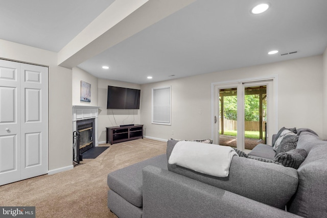 1328 Hollow Glen Ct, Curtis Bay, MD 21226 - living room with carpet flooring, recessed lighting, a fireplace with flush hearth, and baseboards