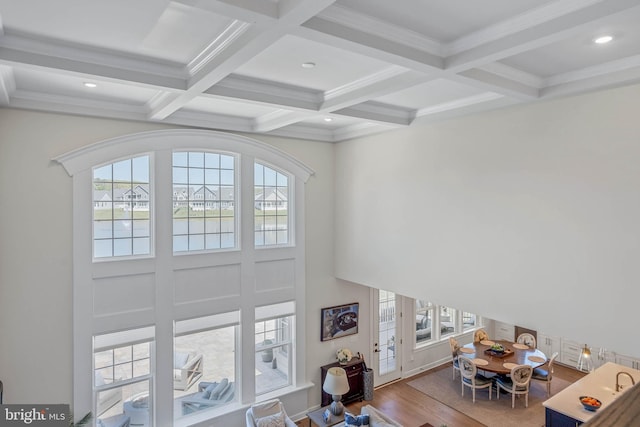 18234 Highwood Dr, Rehoboth Beach, DE 19971 - living room featuring coffered ceiling, beamed ceiling, wood finished floors, and recessed lighting