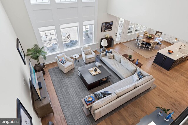 18234 Highwood Dr, Rehoboth Beach, DE 19971 - living area with wood finished floors, a high ceiling, and baseboards