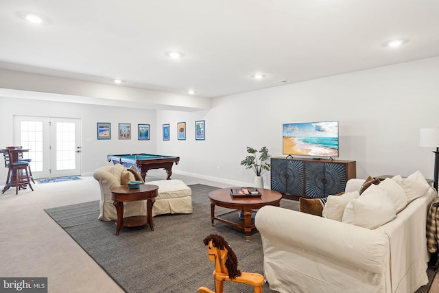 18234 Highwood Dr, Rehoboth Beach, DE 19971 - living room featuring carpet, pool table, recessed lighting, and baseboards