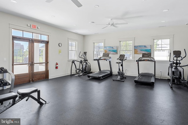 18234 Highwood Dr, Rehoboth Beach, DE 19971 - exercise room featuring ceiling fan, recessed lighting, french doors, and baseboards