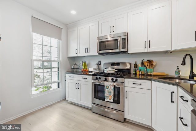 101 Pear Tree Ln, Franklin Park, NJ 08823 - kitchen with stainless steel appliances, a sink, light wood-type flooring, white cabinets, and dark countertops