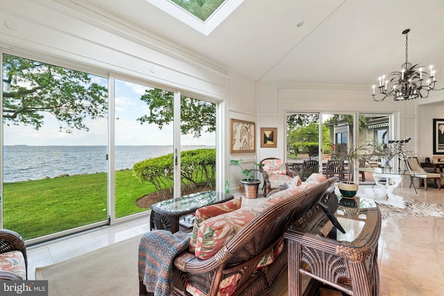 9791 Pintail Pl, Saint Michaels, MD 21663 - sunroom / solarium with a water view, a chandelier, plenty of natural light, tile patterned flooring, and vaulted ceiling