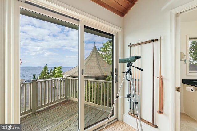 9791 Pintail Pl, Saint Michaels, MD 21663 - doorway featuring a water view, vaulted ceiling, and wood ceiling