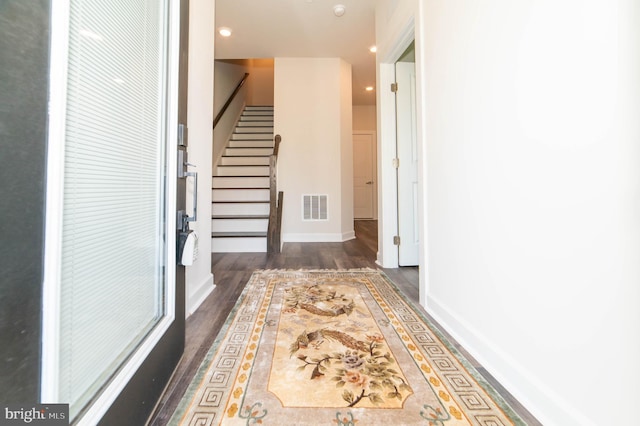 13039 Hattontown Sq, Herndon, VA 20171 - hall featuring stairway, wood finished floors, baseboards, and recessed lighting
