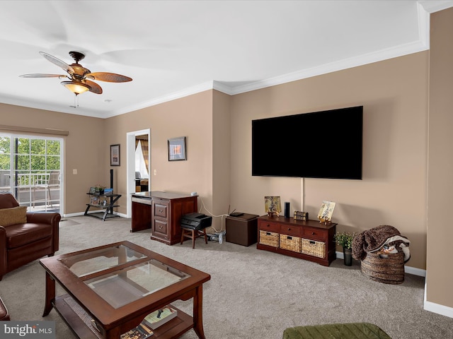 900 Marshy Cv Unit 111, Cambridge, MD 21613 - living room with light colored carpet, ceiling fan, crown molding, and baseboards