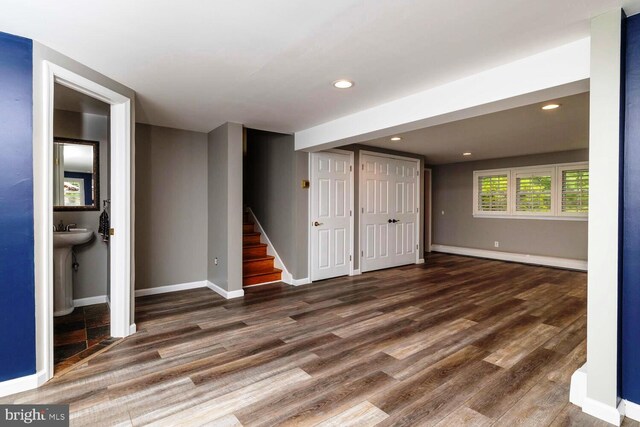 2410 Huntingdon Rd, Huntingdon Valley, PA 19006 - below grade area with stairway, wood finished floors, baseboards, and recessed lighting