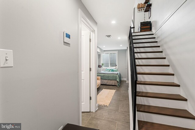 2117 Latona St, Philadelphia, PA 19146 - stairway with recessed lighting, tile patterned floors, and baseboards