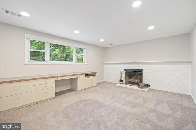 1515 Ainsley Rd, Silver Spring, MD 20904 - unfurnished office with built in desk, light carpet, a fireplace with raised hearth, recessed lighting, and baseboards