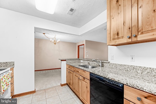 23140 Cobblestone Ln Unit 109, California, MD 20619 - kitchen featuring black dishwasher, a sink, baseboards, a textured ceiling, and light stone counters