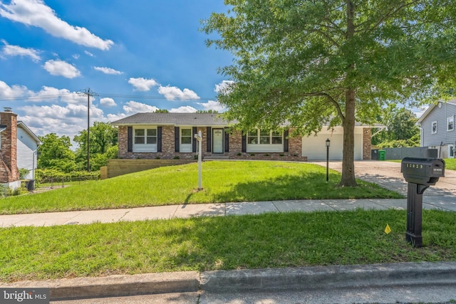 13029 Clarion Rd, Fort Washington, MD 20744 - ranch-style home with driveway, an attached garage, brick siding, and a front lawn