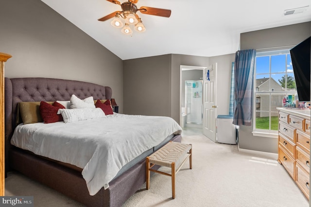233 Windsor Ct, Quakertown, PA 18951 - bedroom featuring light colored carpet, baseboards, ensuite bath, a ceiling fan, and vaulted ceiling