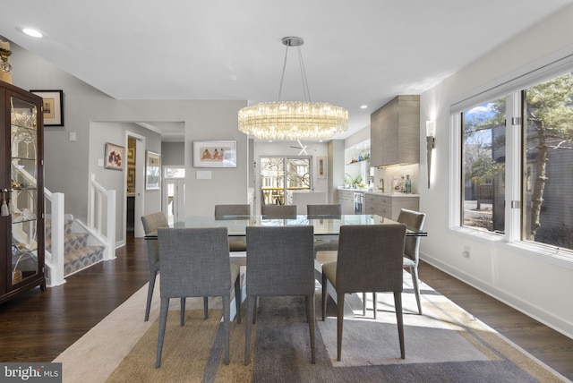 2186 Chesapeake Harbour Dr E, Annapolis, MD 21403 - dining room featuring stairway, dark wood finished floors, a chandelier, baseboards, and recessed lighting