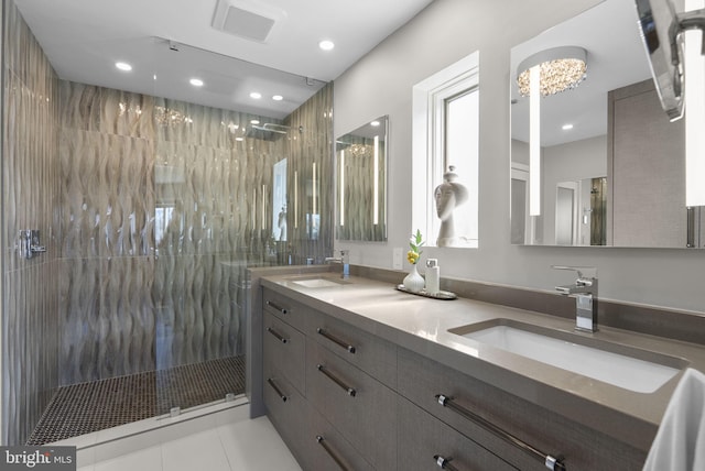 2186 Chesapeake Harbour Dr E, Annapolis, MD 21403 - bathroom with walk in shower, double vanity, recessed lighting, and tile patterned flooring