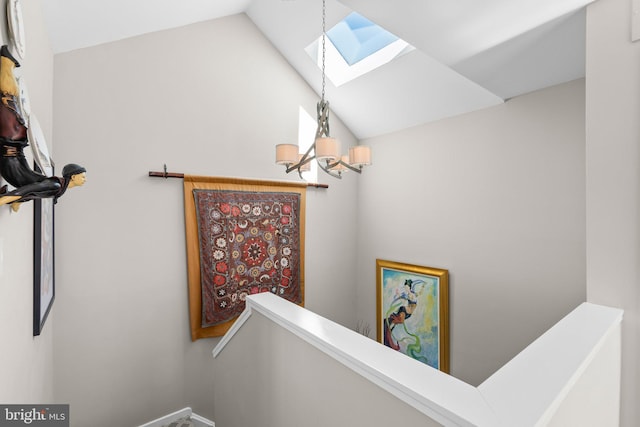 2186 Chesapeake Harbour Dr E, Annapolis, MD 21403 - stairway featuring a skylight, a chandelier, and vaulted ceiling