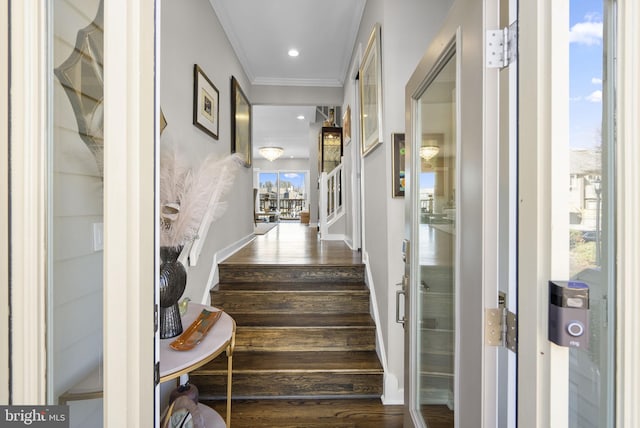 2186 Chesapeake Harbour Dr E, Annapolis, MD 21403 - staircase featuring ornamental molding and wood finished floors