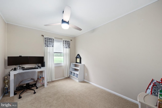 35 Holly Corner Rd, Fredericksburg, VA 22406 - carpeted home office with a ceiling fan, ornamental molding, and baseboards