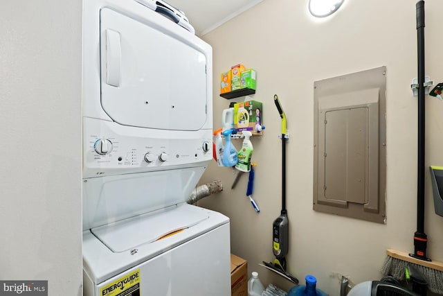35 Holly Corner Rd, Fredericksburg, VA 22406 - washroom featuring stacked washing machine and dryer and electric panel