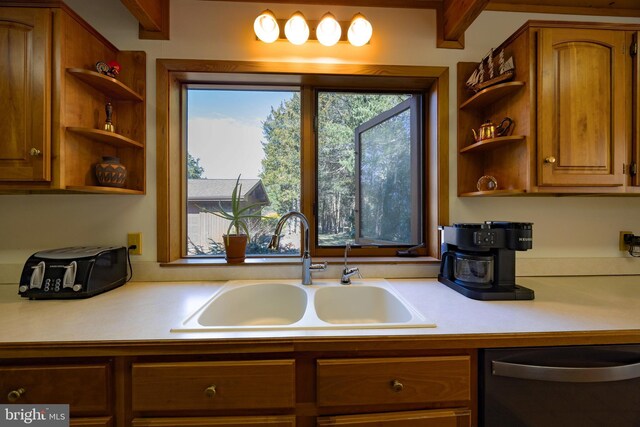 105 Fern Creek Ln, Martinsburg, WV 25404 - kitchen featuring open shelves, stainless steel dishwasher, a sink, light countertops, and brown cabinetry