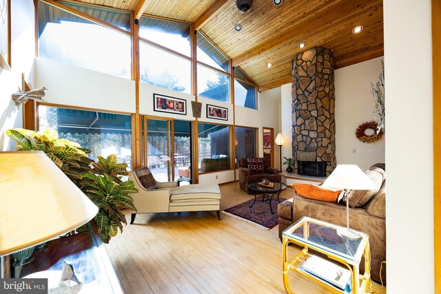 105 Fern Creek Ln, Martinsburg, WV 25404 - living room featuring high vaulted ceiling, plenty of natural light, hardwood / wood-style floors, a stone fireplace, and wood ceiling with exposed beams
