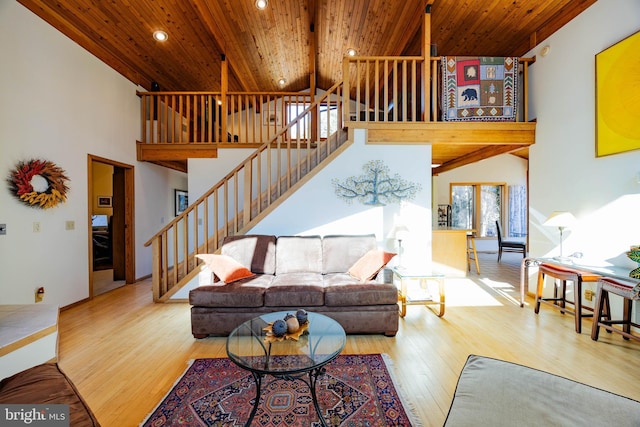 105 Fern Creek Ln, Martinsburg, WV 25404 - living room featuring wood ceiling with exposed beams, high vaulted ceiling, wood finished floors, stairway, and recessed lighting