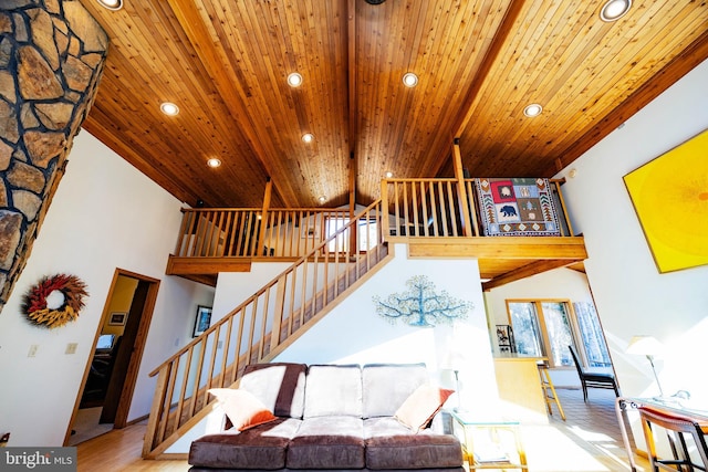 105 Fern Creek Ln, Martinsburg, WV 25404 - living room with high vaulted ceiling, recessed lighting, stairway, wooden ceiling, and wood finished floors