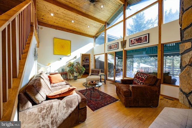105 Fern Creek Ln, Martinsburg, WV 25404 - living area featuring high vaulted ceiling, hardwood / wood-style flooring, and wood ceiling with exposed beams